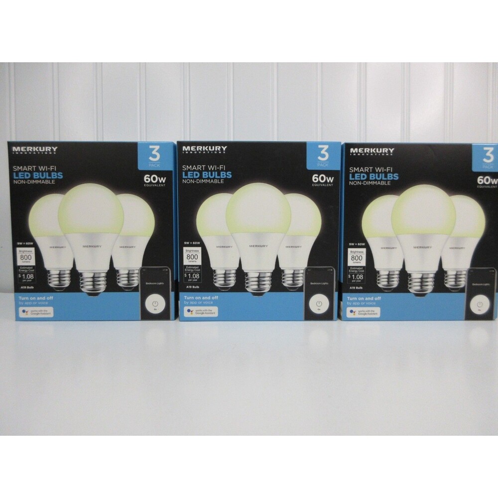 3 Smart WiFi Led Light Bulbs 3Pk White 60W Non-dimmable A19 Merkury Innovations
